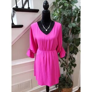 Dress Up Women Pink Cinch Waist Polyester Long Sleeve V Neck Sheath Dress Size S